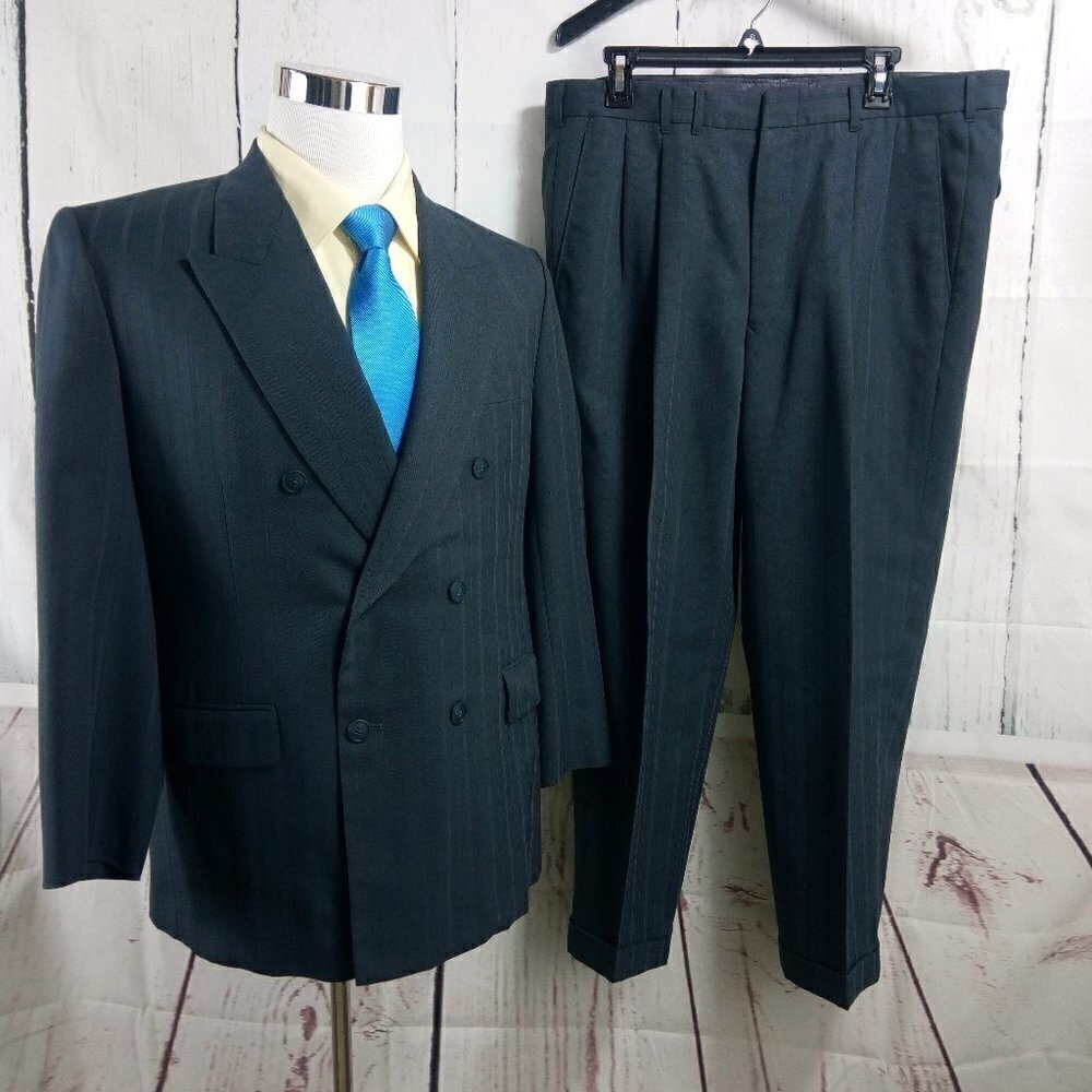 Ng Kang Tailor Custom Made 41R Double Breasted Grayish Blue Herringbone 2pc Suit